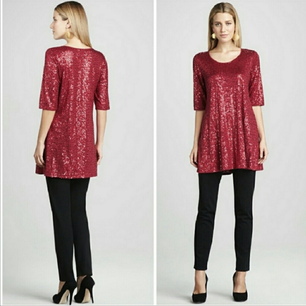 Eileen Fisher 100% Silk Red Sequin Tunic Small P